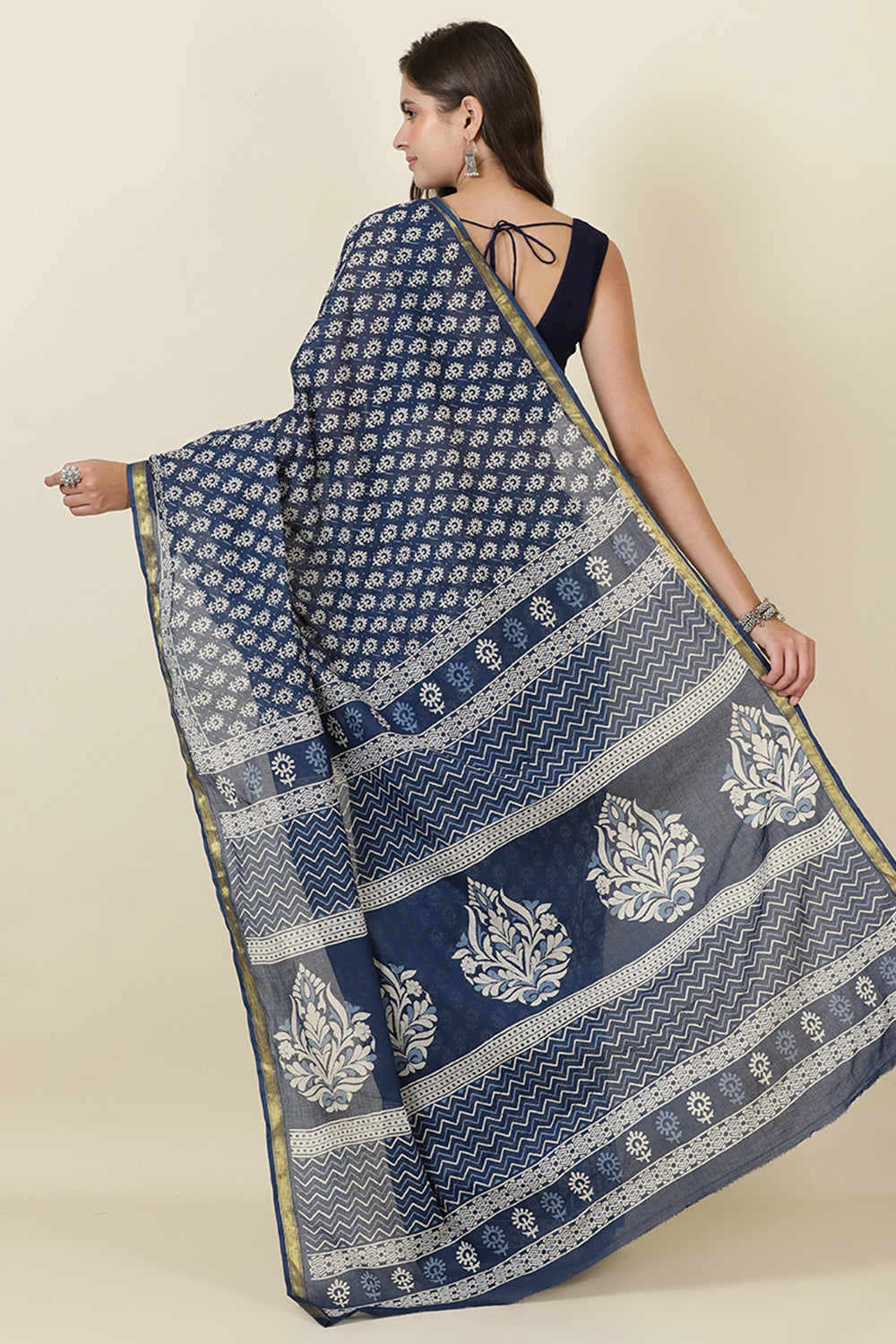 Indigo Blue Cotton Block Printed Saree