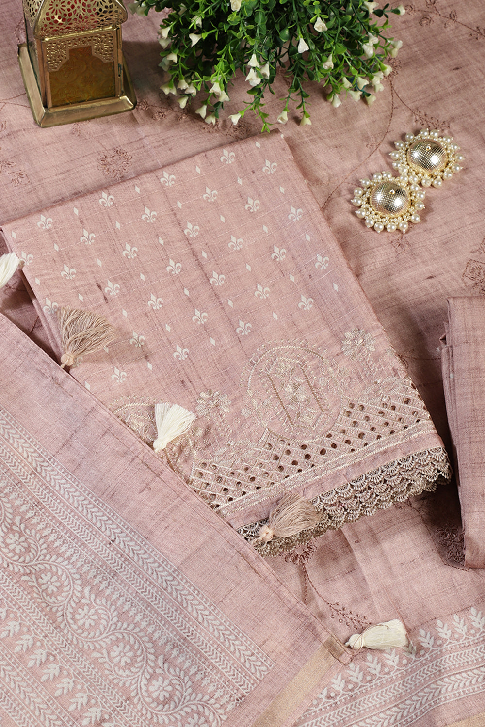Light Peach Tussar Cotton Printed And Reham Embroidered Unstiched Suit Material