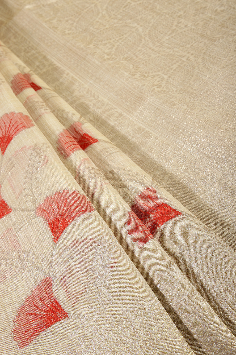 Beige & Red Color Chanderi Cotton Zari Woven Saree