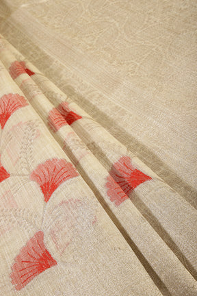 Beige & Red Color Chanderi Cotton Zari Woven Saree
