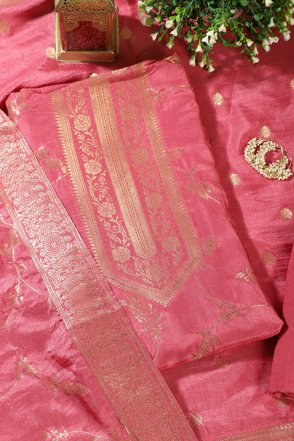 Hot Pink Banarsi Floral Woven Silk Unstitched Suit