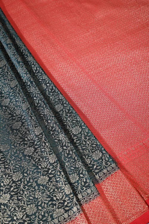 Bottle Green & Red Floral Zari Woven Sarees