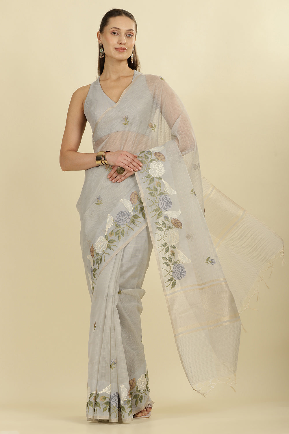 Grey Kota Cotton Floral Resham Embroidered And Zari Woven Saree
