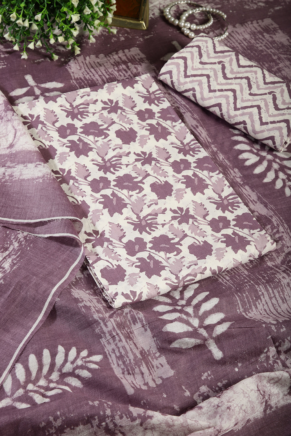 Purple Color Cotton Printed Unstitched Suit