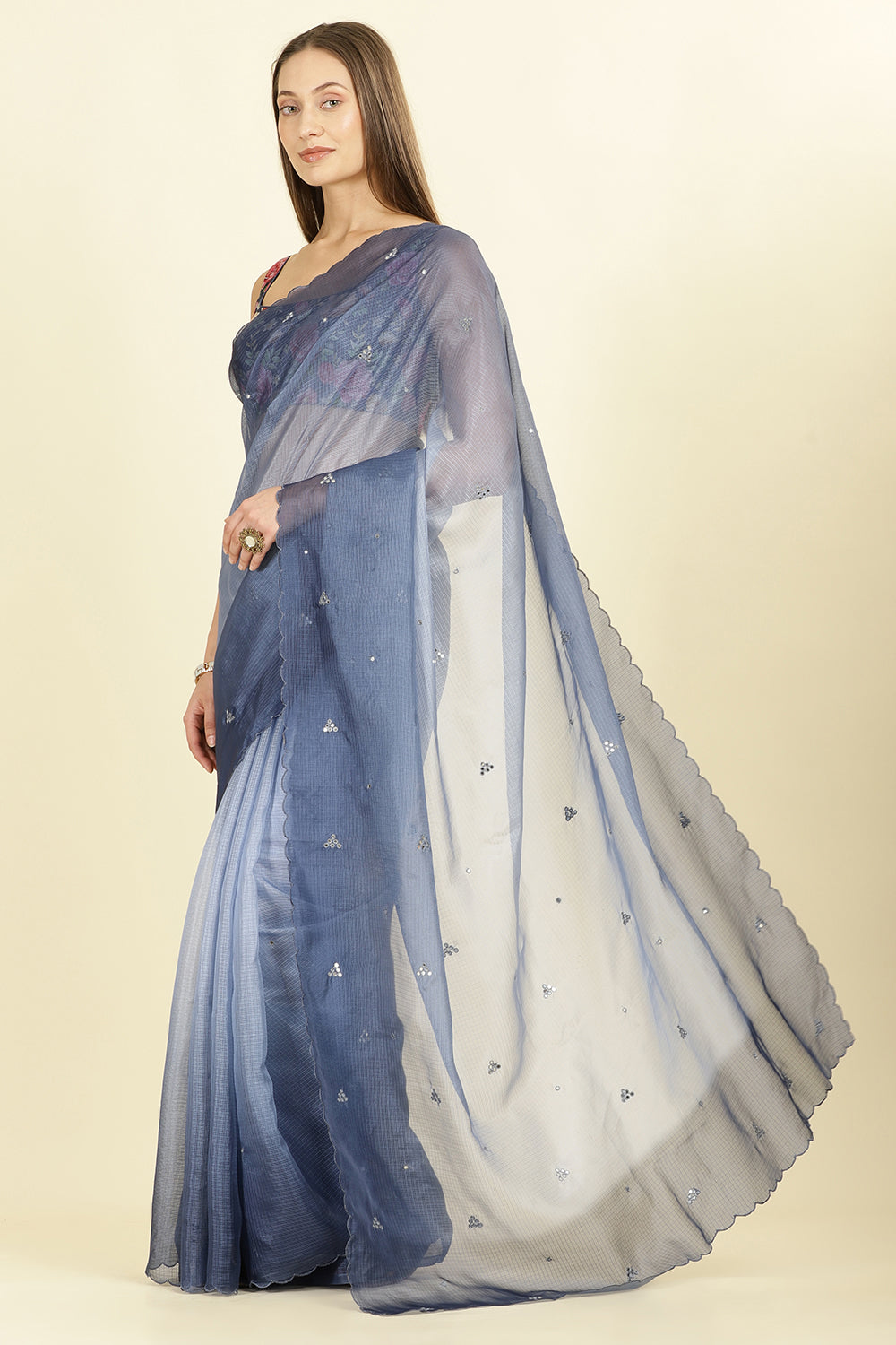 Ombre Navy Organza Saree With Mirror Work