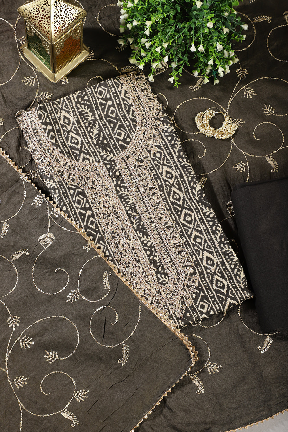 Grey Cotton Digital Printed & Neck Embroidered Unstitched Suit