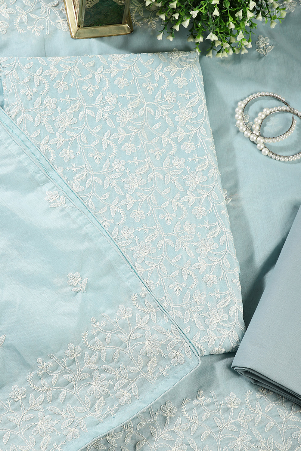 Turquoise Colour Resham Embroidered Chanderi Unstitched Suit