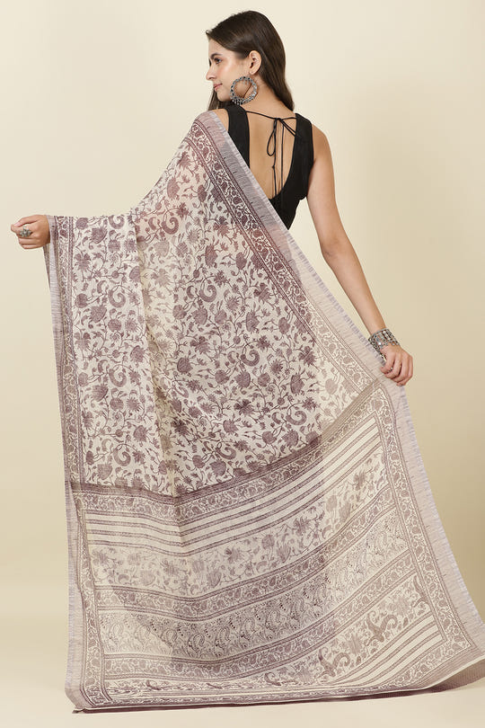 White & Wine Georgette Floral Printed Saree