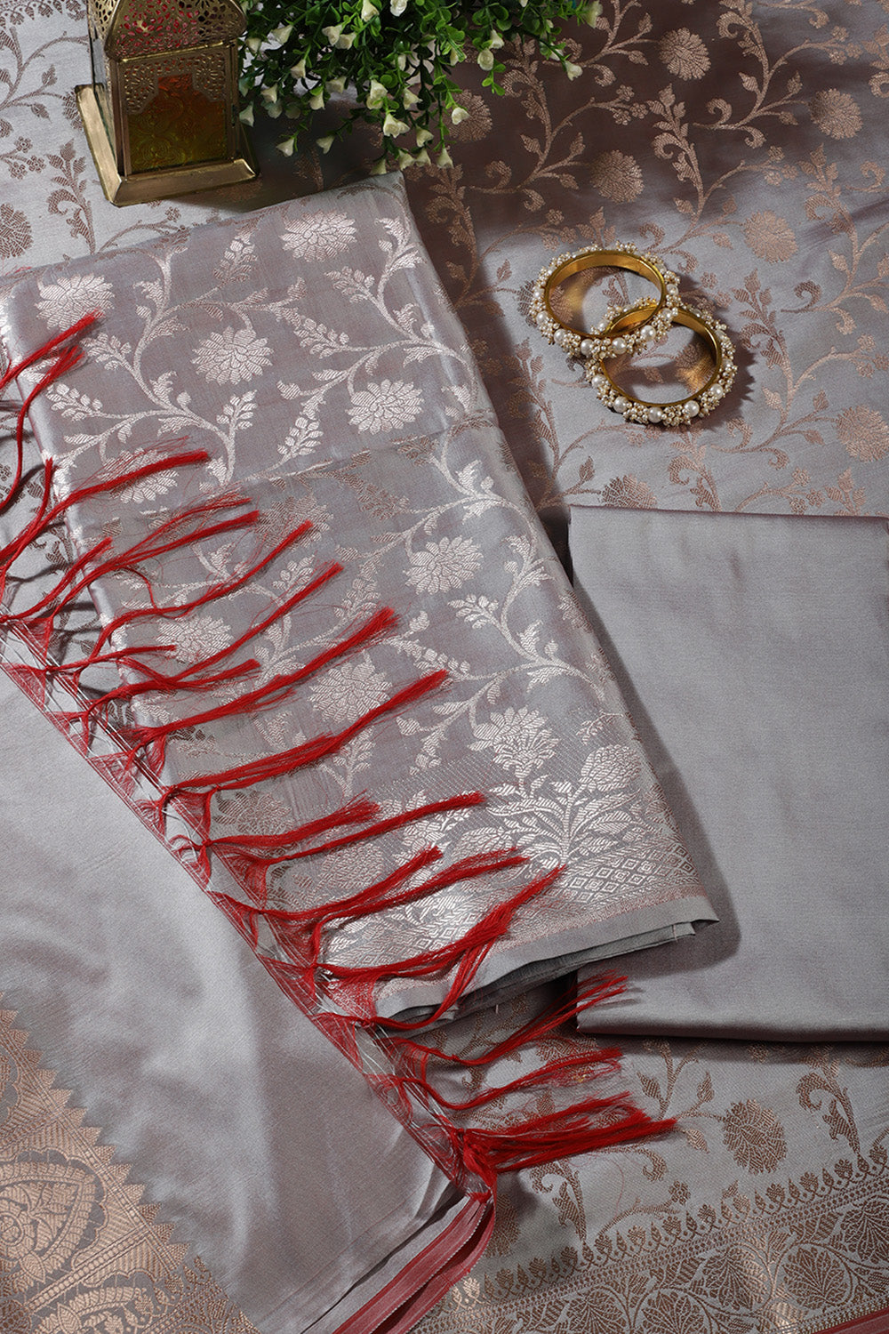 Grey Zari Floral Woven Silk Unstitched Suit Fabric