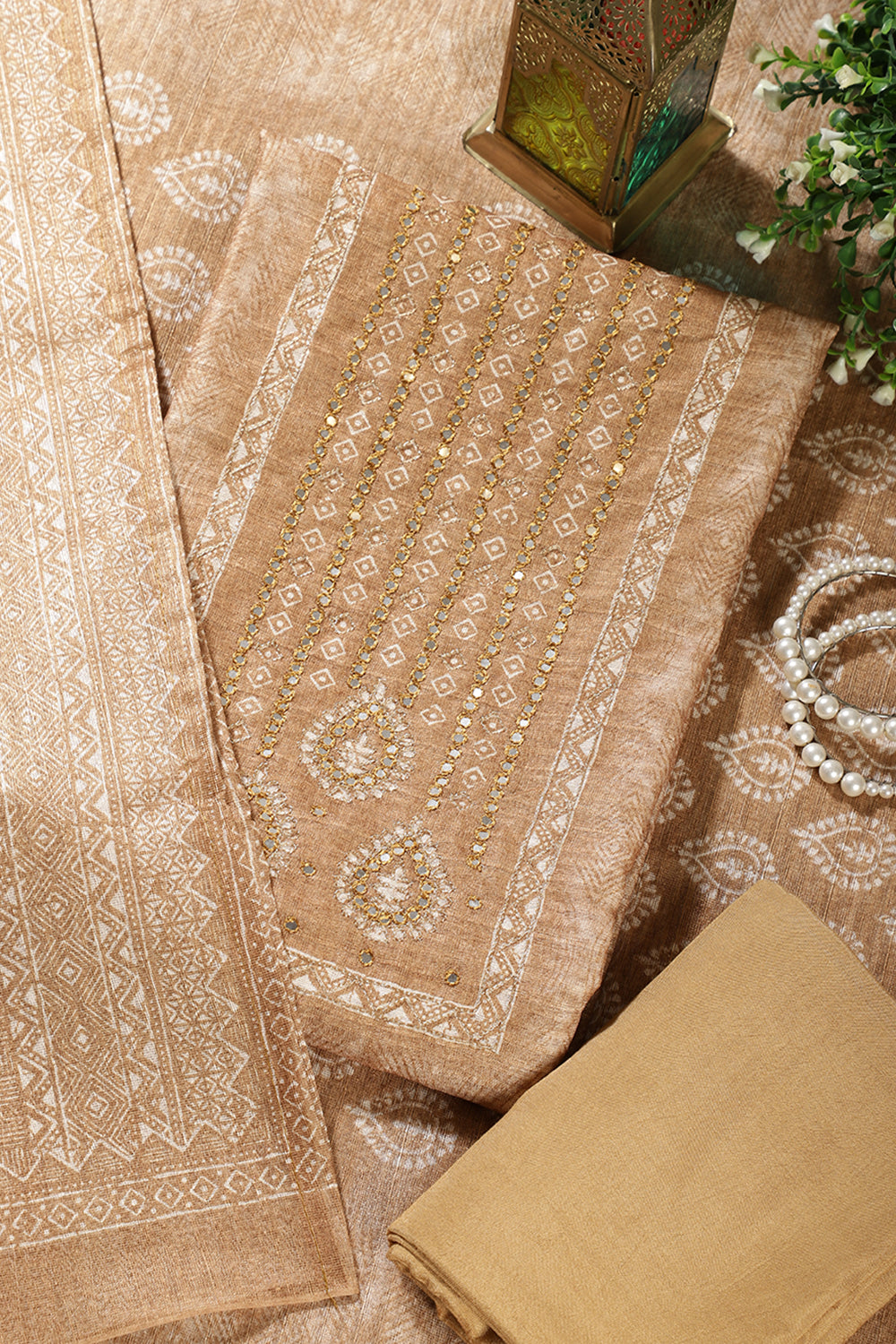 Light Brown Chanderi Silk Mirror Worked Unstitched Suit Material