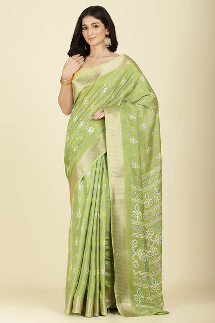 Light Green Cotton Silk Printed And Zari Woven Saree