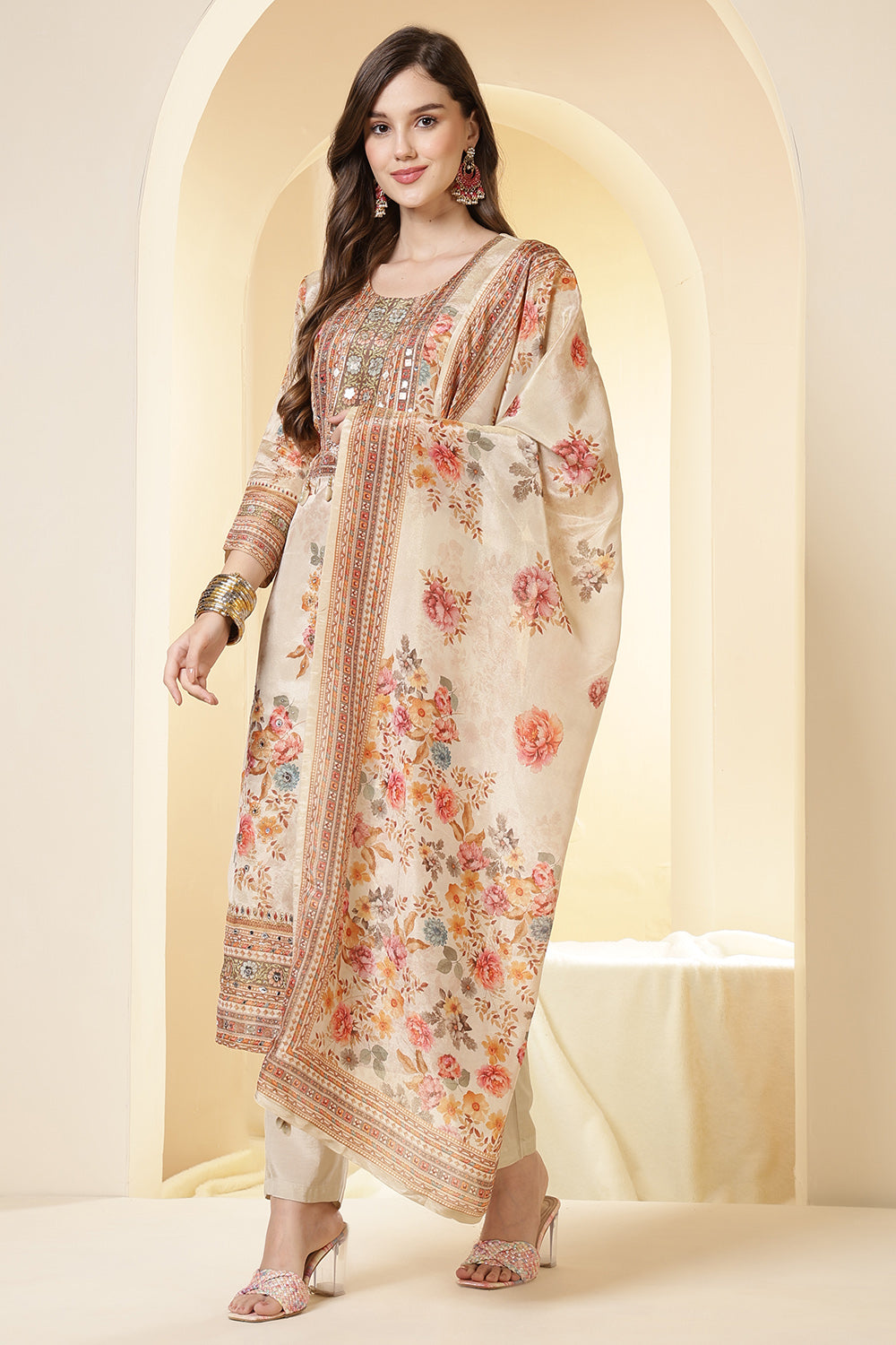 Tussar Color Shimmer Tissue Printed & Embroidered Suit Set