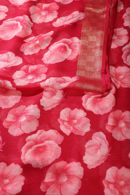 Cardinal Red Chiffon Floral Printed Saree