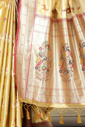 Gold & Beige Duo-Chrome Tissue Silk  Pathani Work Saree