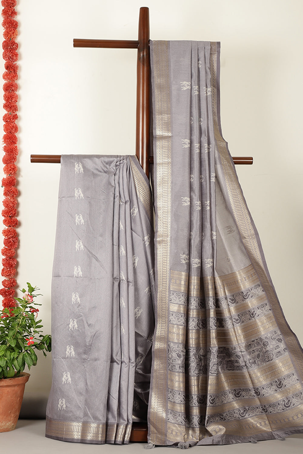 Grey Chanderi Silk Resham & Zari Woven Saree