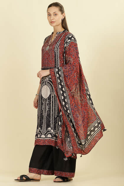 Black Muslin Ajrakh Printed Suit with Palazzo
