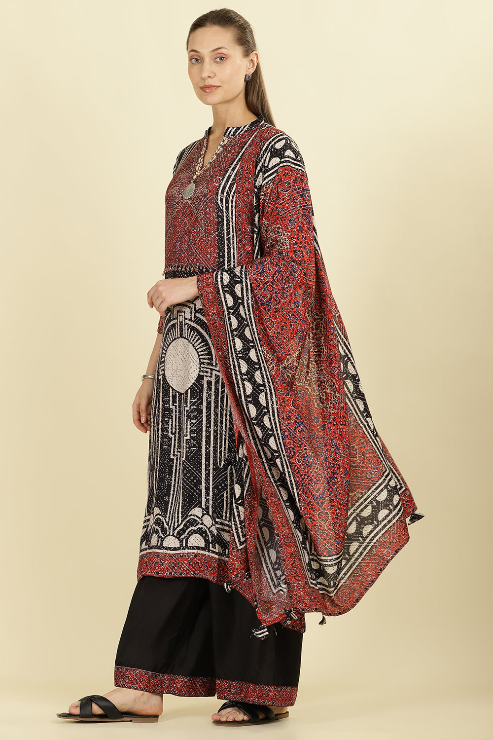 Black Muslin Ajrakh Printed Suit with Palazzo