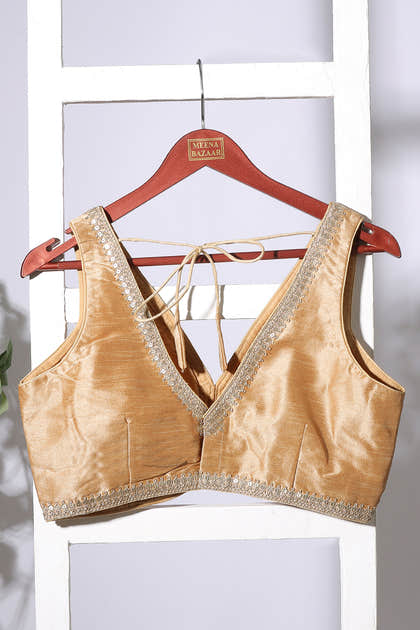 Beige Tussar Silk Zari And Sequins Embroidered Readymade Blouse