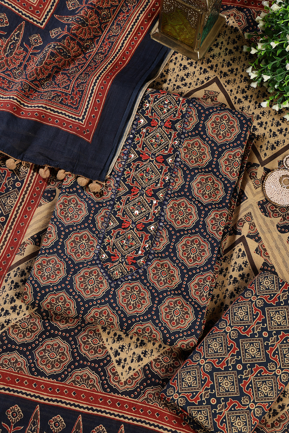 Navy Cambric Cotton Printed And Mirror Wrok Unstitched Suit Material