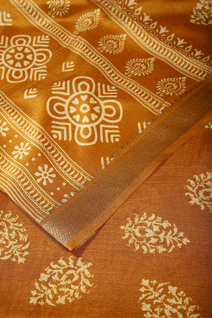 Mustard Color Block Printed Cotton Silk Saree