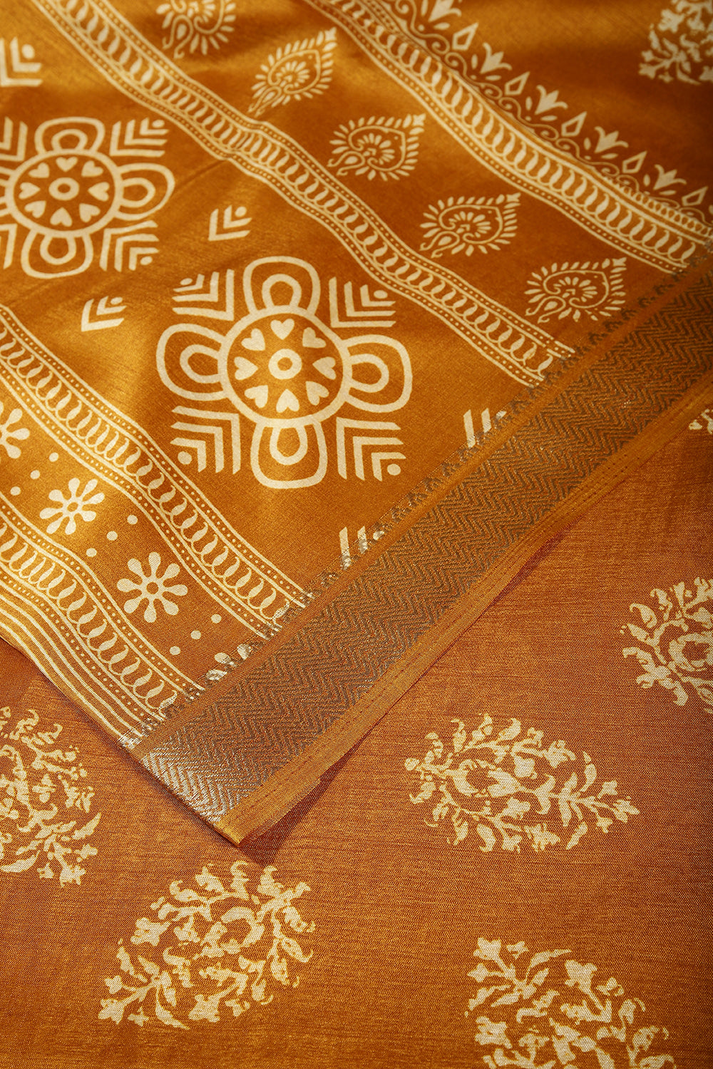 Mustard Color Block Printed Cotton Silk Saree