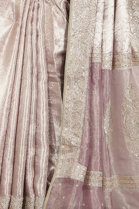 Mauve Color Pure Tissue Handloom Zari Saree with Kundan & Zardozi Handwork
