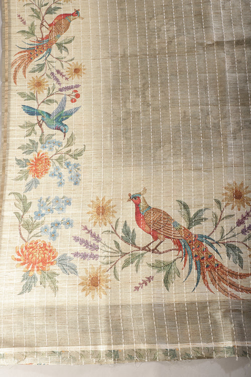 Beige Tussar Silk Printed Saree