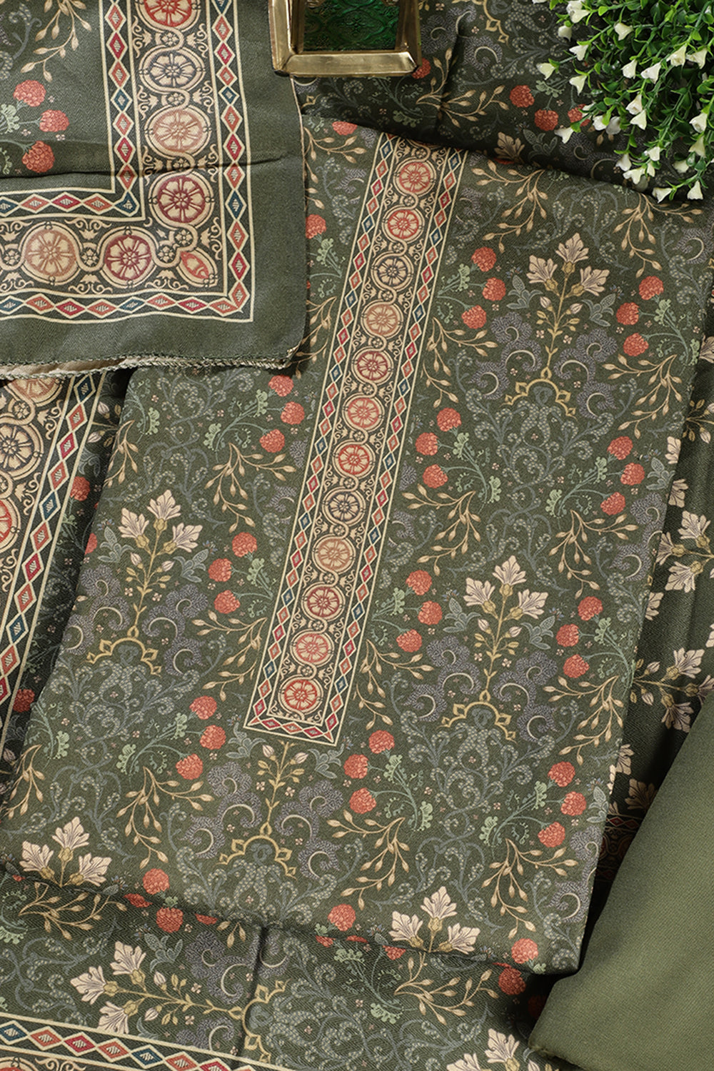 Green Digital Printed Pashmina Unstitched Suit Fabric