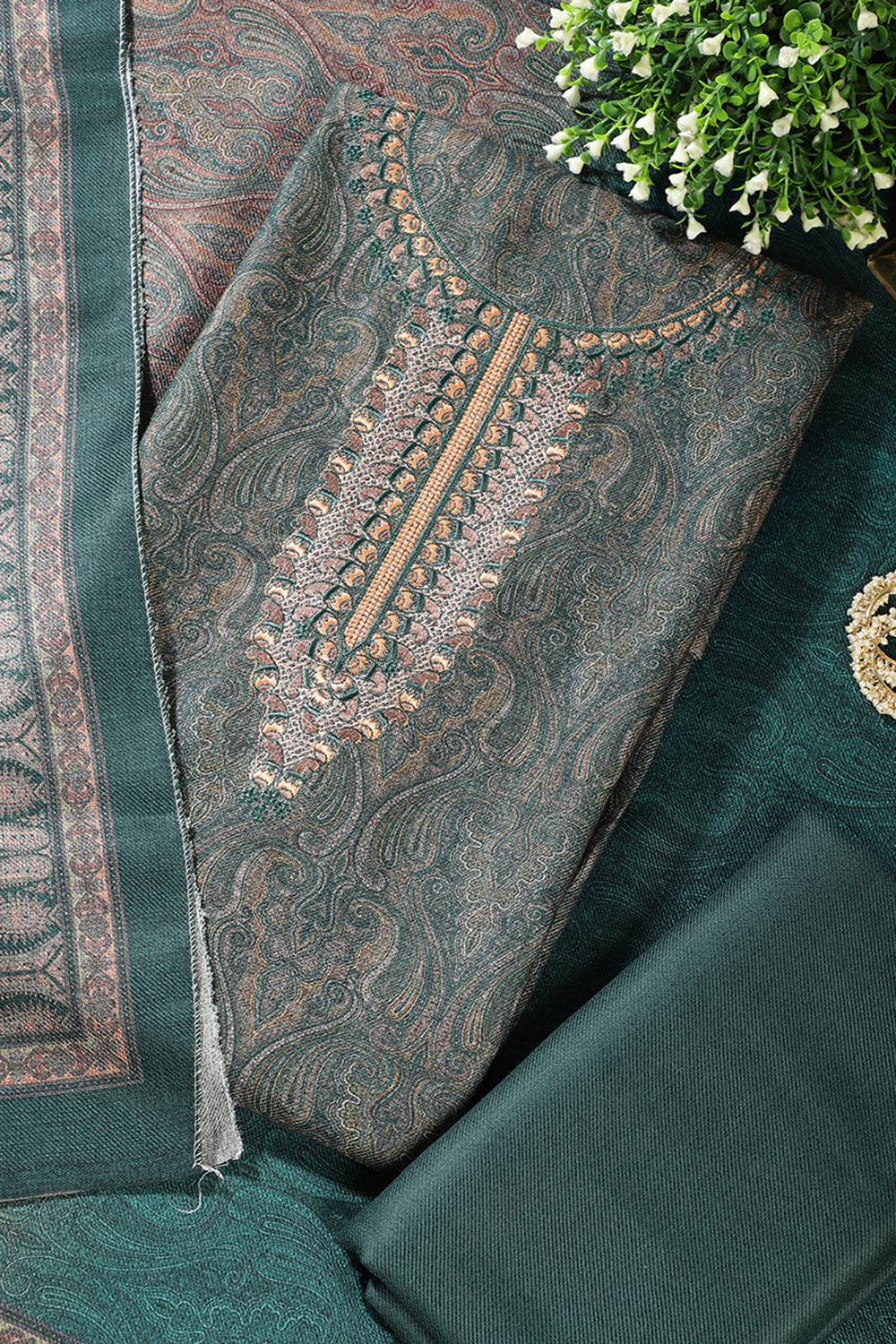 Bottle Green Pashmina Printed And Neck Embroidered Unstitched Suit Material