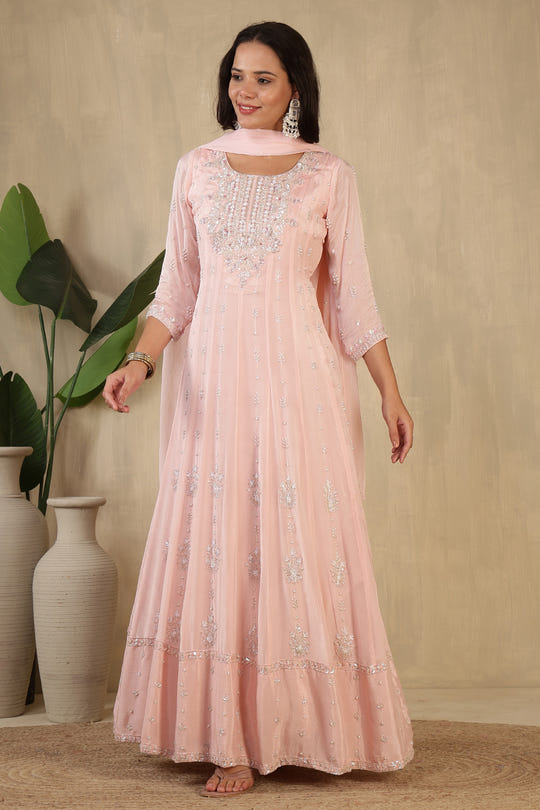 Baby Pink Embroidred Crepe Silk Anarkali Suit