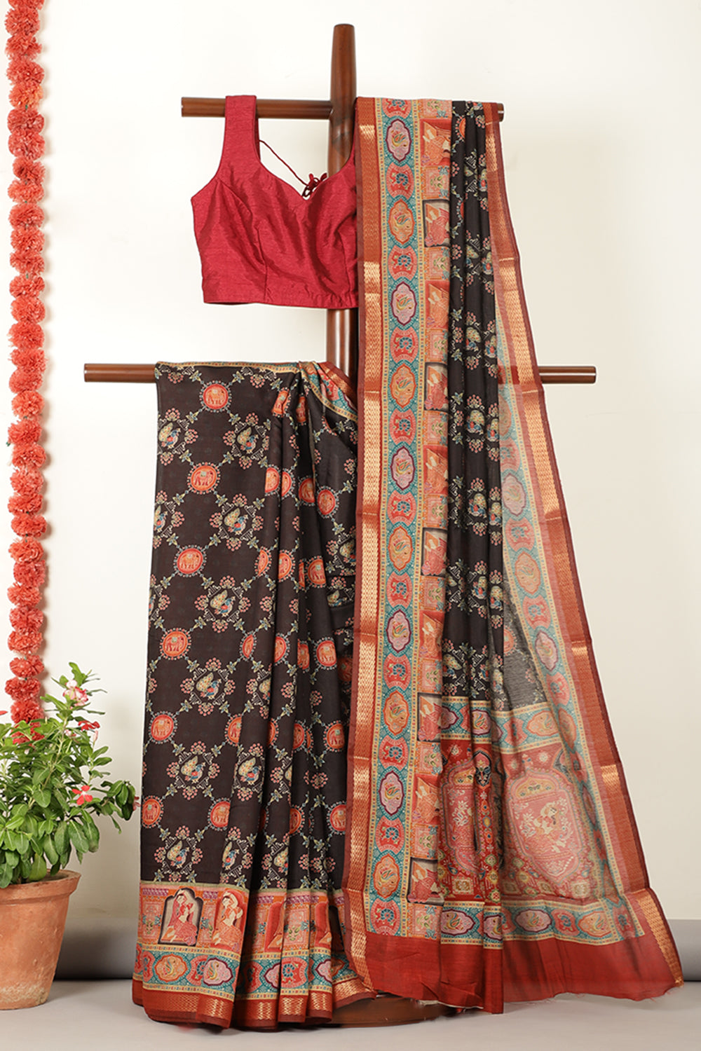 Black Cotton Kalamkari Printed Saree