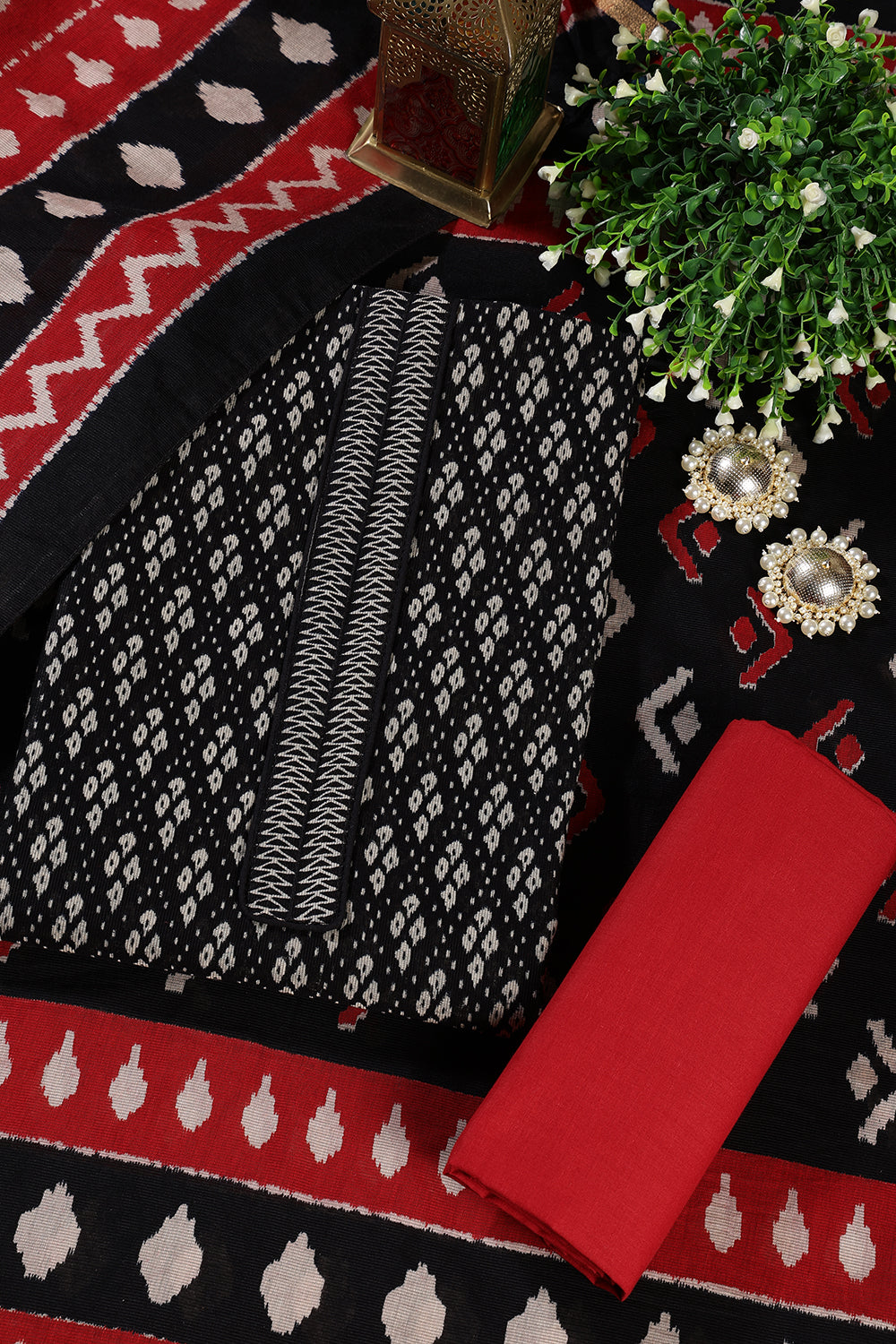 Black Ikkat Cotton Printed Unstitched Suit Material