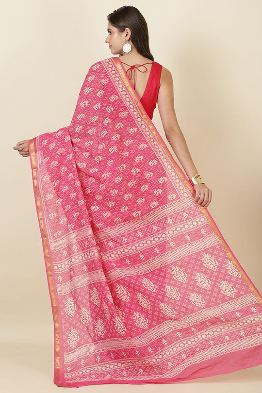Hot Pink Cotton Block Printed Saree