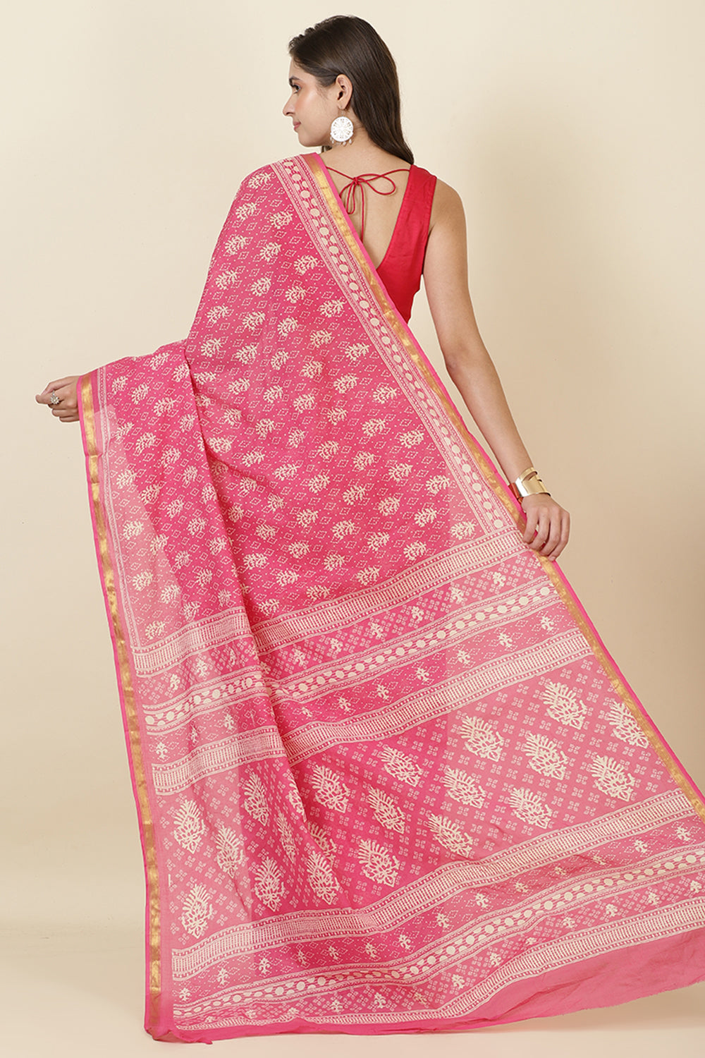 Hot Pink Cotton Block Printed Saree