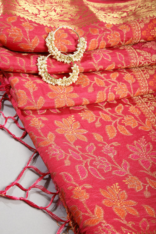 Coral Red Color Tussar Woven Silk Saree