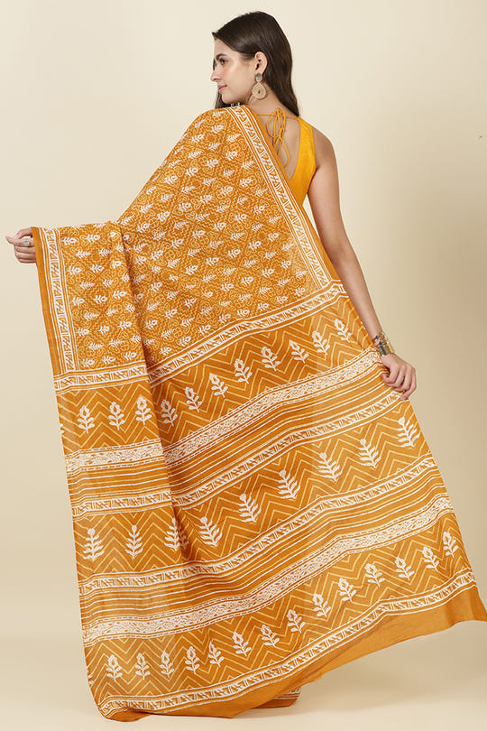 Mustard Cotton Dhabu Printed Saree