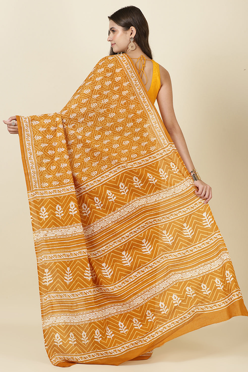 Mustard Cotton Dhabu Printed Saree