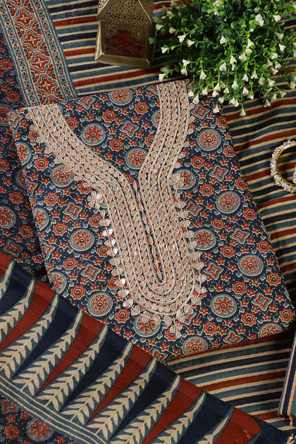 Navy Cotton Printed & Neck Embroidered Unstitched Suit Material