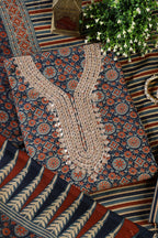 Navy Cotton Printed & Neck Embroidered Unstitched Suit Material