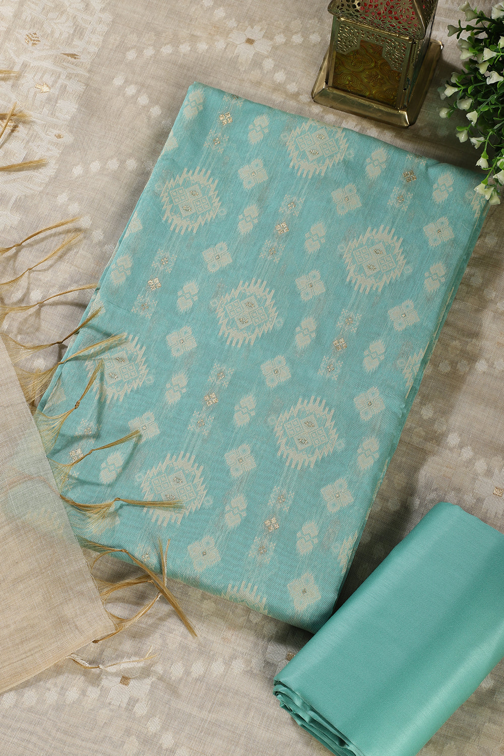 Turquoise  Chanderi Cotton Woven Unstitched Suit