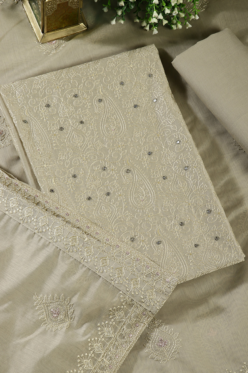 Sage Green Color Chanderi Resham Embroidered Unstitched Suit
