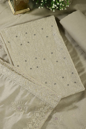 Sage Green Color Chanderi Resham Embroidered Unstitched Suit