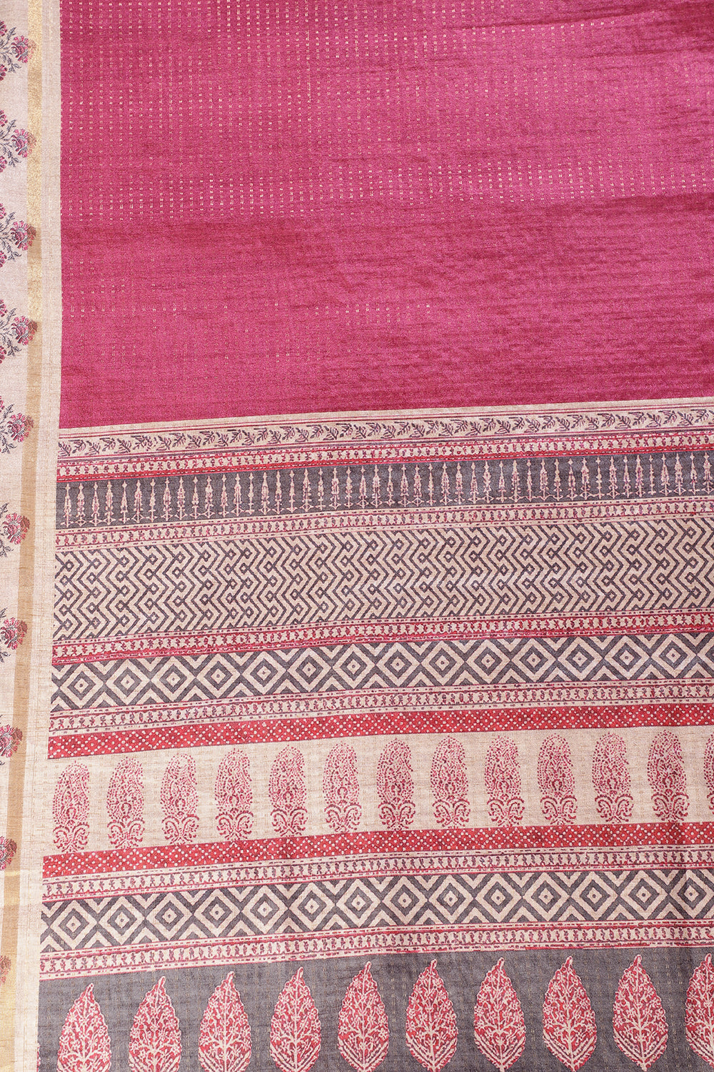Dark Pink Tussar Silk Zari Woven & Printed Saree