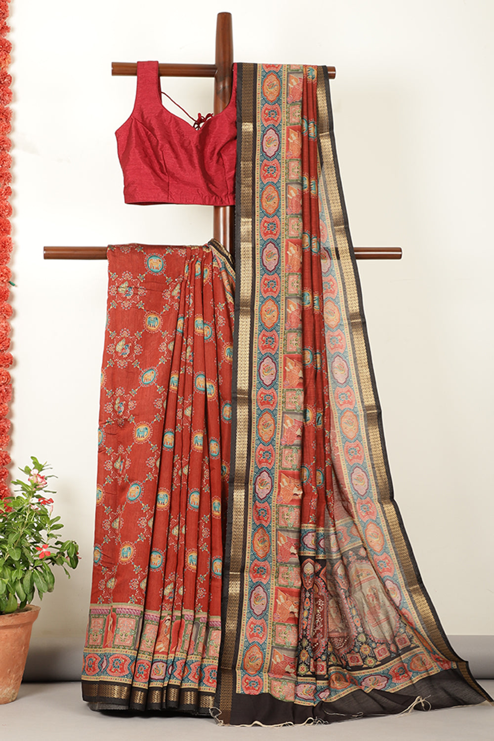 Maroon Cotton Kalamkari Printed Saree