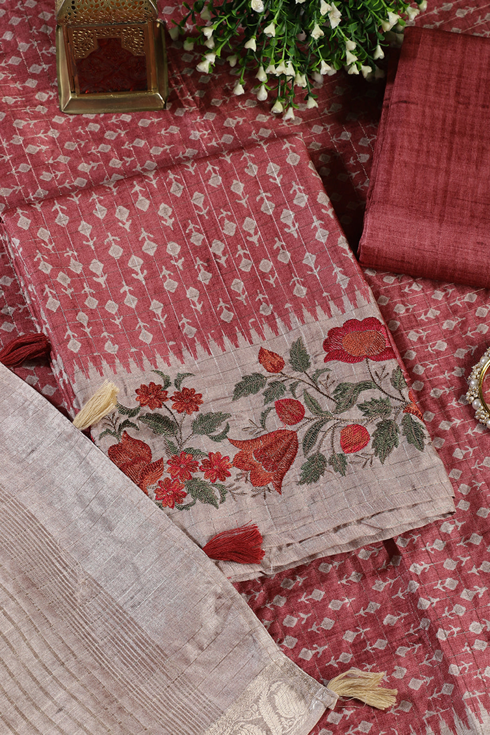 Light Maroon Tussar Cotton Printed And Floral Embroidered Unstiched Suit Material