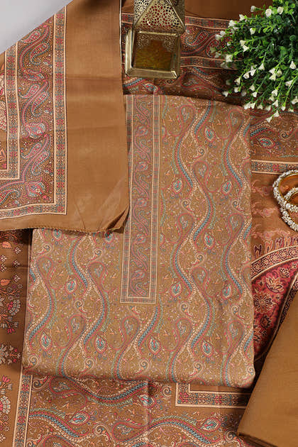 Fawn Color Pashmina Digital Printed Unstitched Suit Material