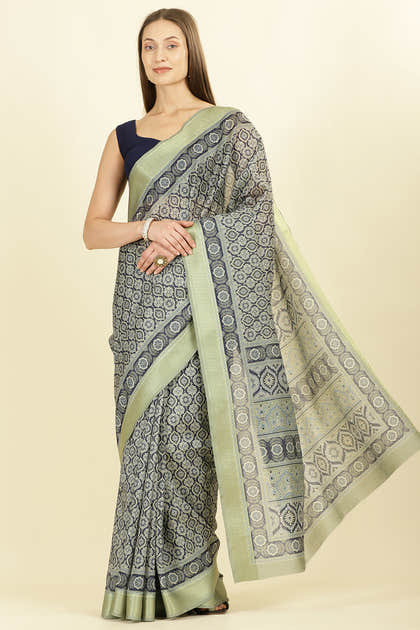 Navy Ajrakh Block Printed Cotton Saree