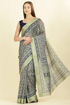 Navy Ajrakh Block Printed Cotton Saree