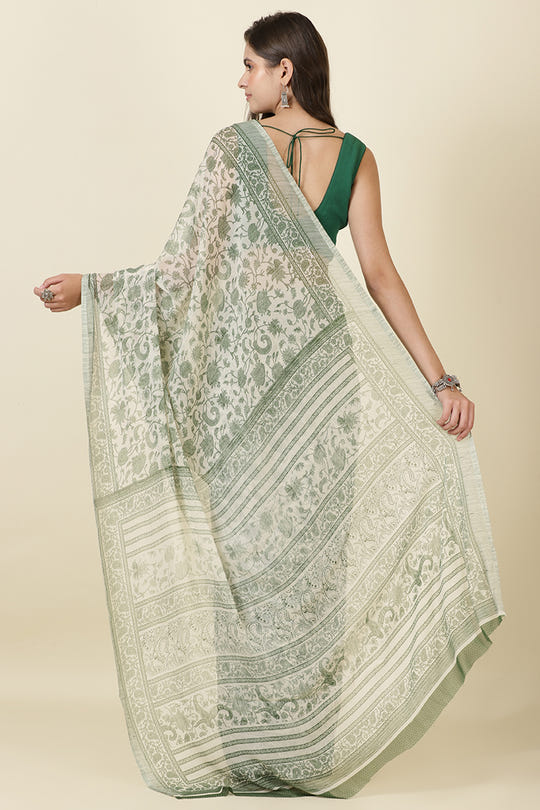 White & Green Georgette Floral Printed Saree