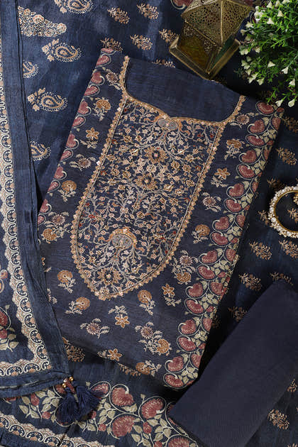 Navy Muslin Printed Unstitched Suit Fabric